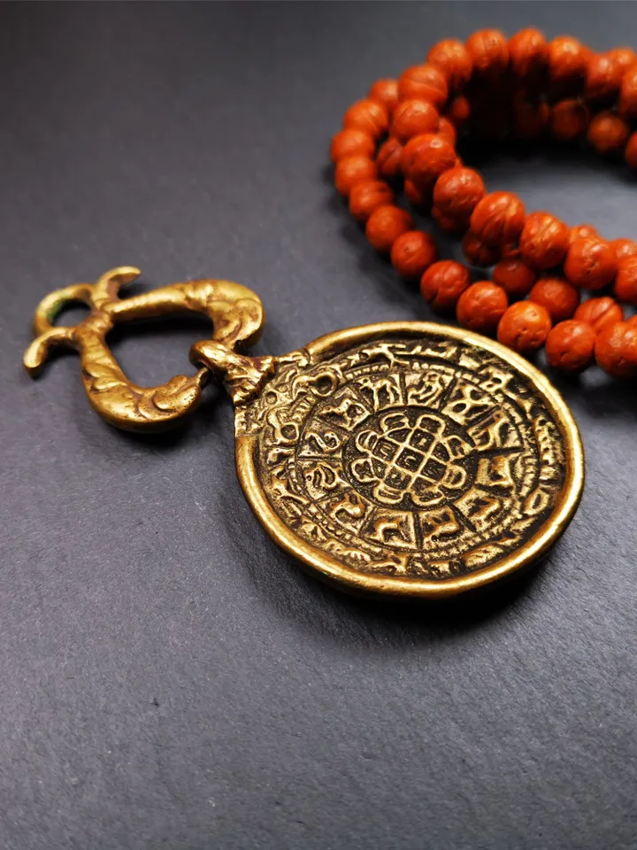 Gandhanra Vintage Tibetan Buddhist Calendar Badge,Melong Mirror, SIPAHO Amulet(srid pa ho),Jiugong Bagua,made of Brass,1.8&quot;