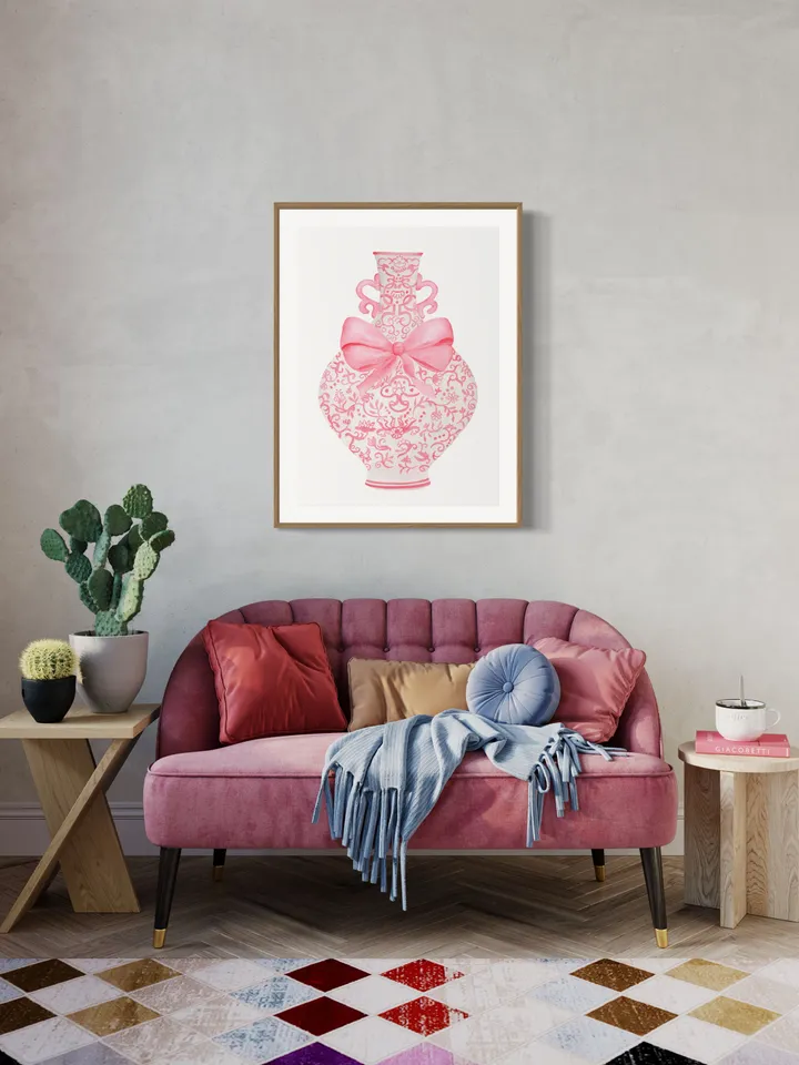 Pink Chinoiserie Ginger Jar With Bow, Watercolor Painting, Pastel Wall Art, Pink Bow Art, Nursery Wall Art, Preppy Pink Bow, Chinese Print