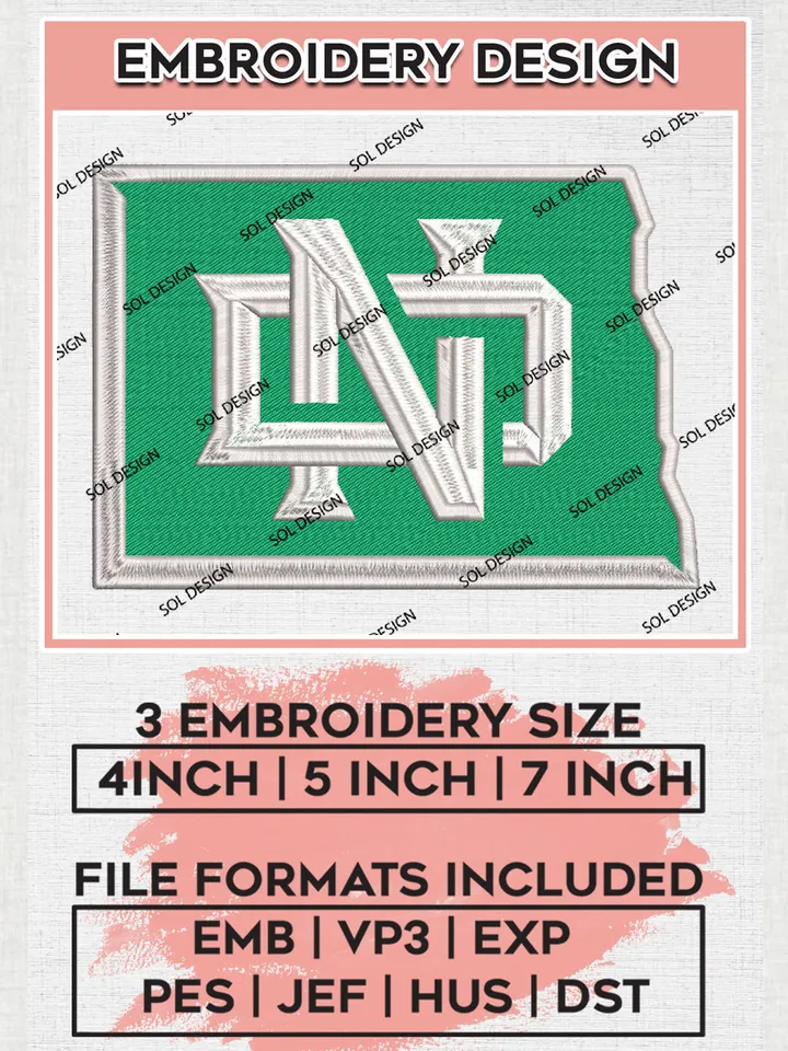ND Fighting Hawks Football Team Map Logo Embroidery Design Files, NCAA North Dakota Fighting Hawks Machine Embroidery, NCAA Teams, Game Day, 3 sizes, NCAA Machine embroidery designs, Digital Download