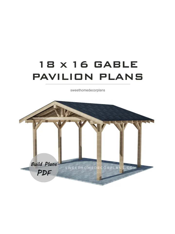 DIY 18 x 16 gable pavilion plans. Covered carport plans. Wooden gazebo plans. Timber frame backyard open garage plans in PDF.