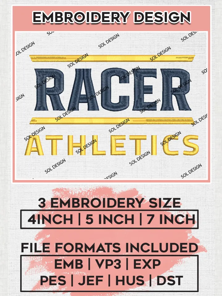 NCAA Racer Athletics Team Logo Embroidery Design Files, NCAA Murray State Racers Machine Embroidery, NCAA Teams, 3 sizes, NCAA Machine embroidery designs, Digital Download