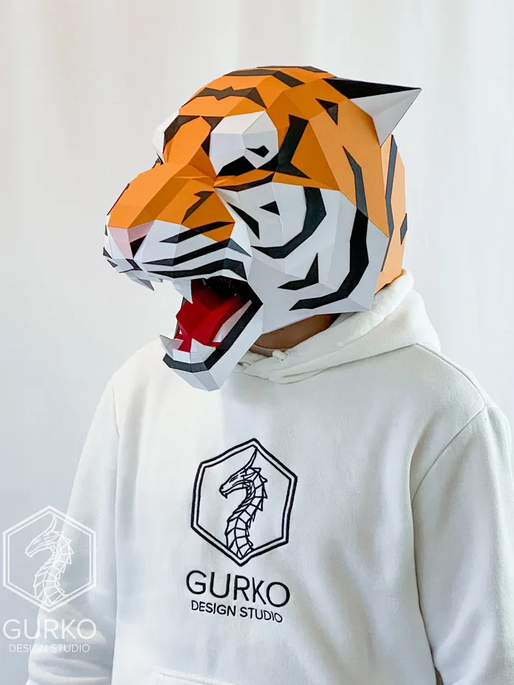 Angry Tiger Mask Papercraft, Cat, Digital Template, PDF Download, Gurko, 3D Low Poly Animal Mask, DIY Origami, Pepakura, Paper Mask, Costume
