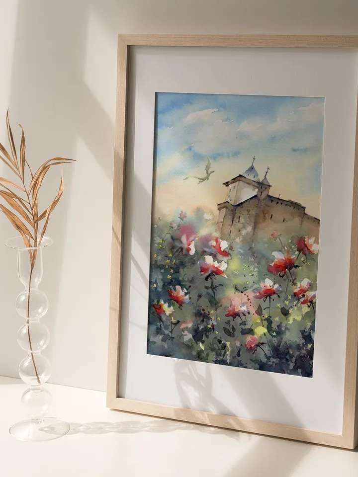 Dragon castle painting Original fantasy art by Yulia Evsyukova