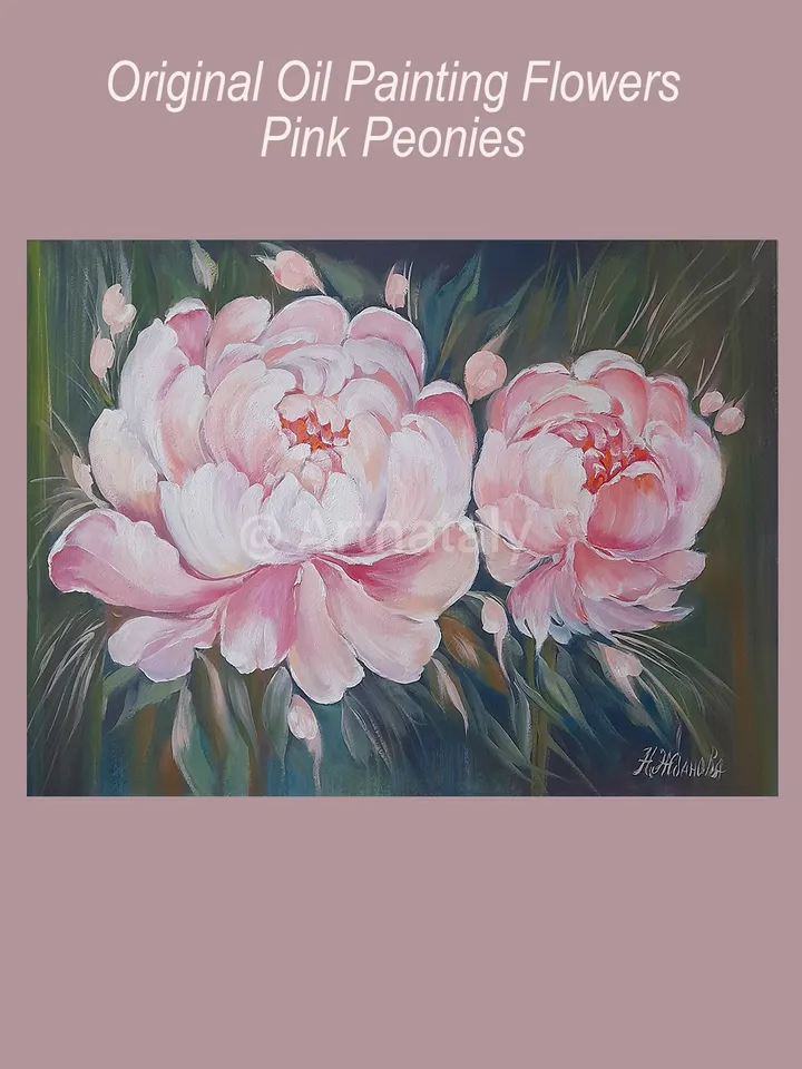 Pink peony oil painting, Peony flower oil painting 61 x 43 cm