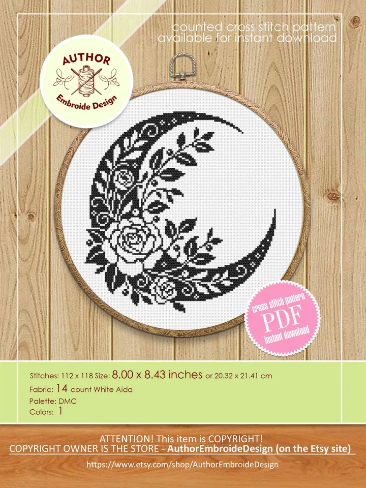 Crescent moon and flowers cross stitch pattern PDF download Floral moon cross stitch chart, Moon pattern digital PDF, Moon embroidery #P50