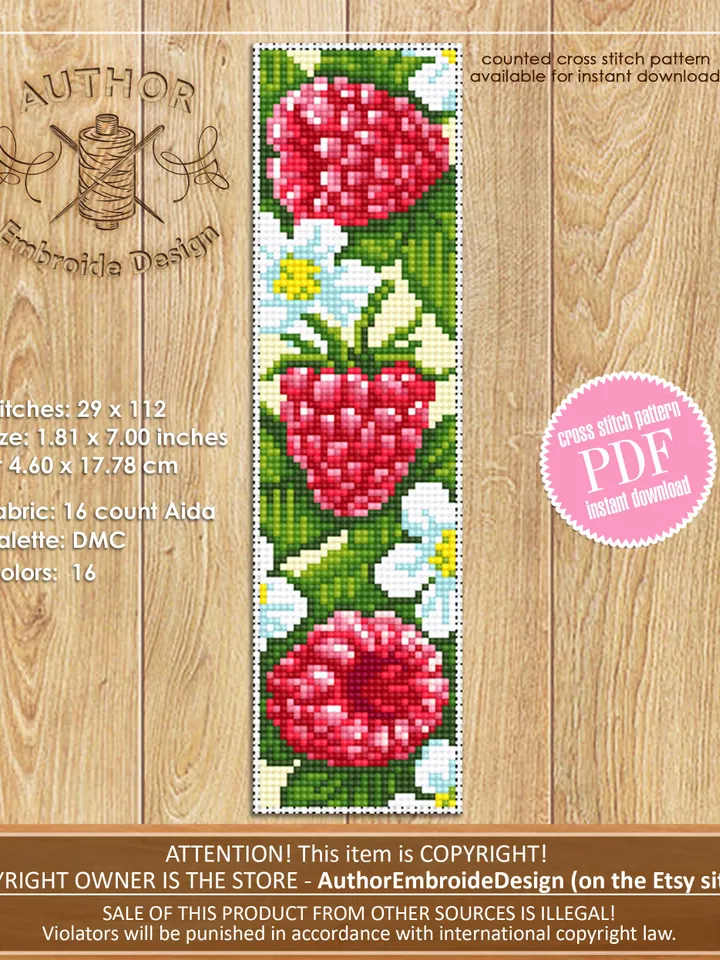 Raspberry bookmark cross stitch pattern download PDF Red berries cross stitch chart, Digital bookmark fruit, Floral bookmark pattern #B150