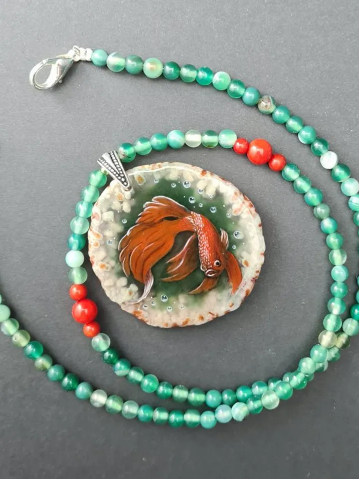 Necklace Siamese cockerel fighting fish Hand painted Christmas Gift Wrapping