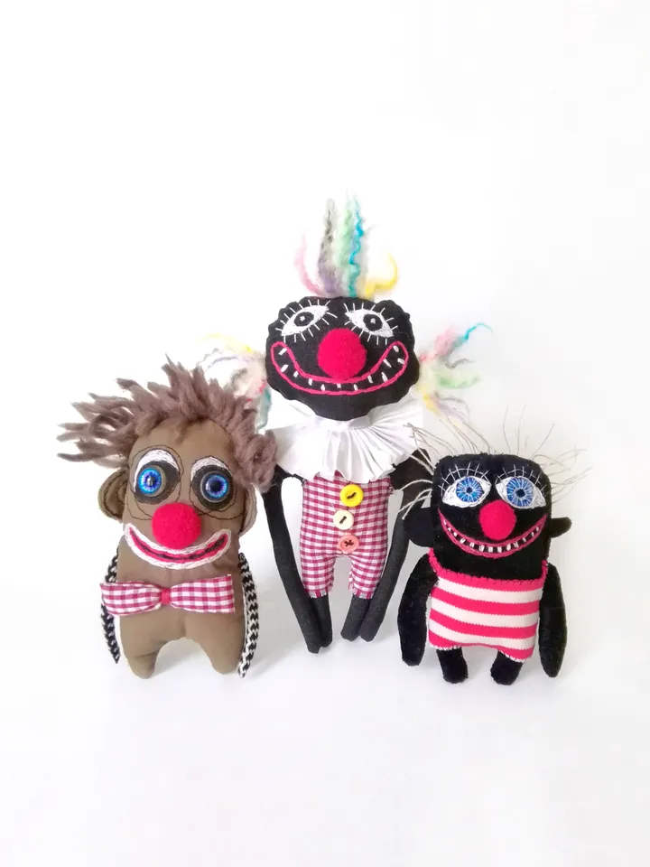 Handmade Artistic Clowns, Stuffed Funny Interior Fabric Toys, One-of-a-Kind Unique Voodoo Dolls, Delightful Decor Toys. FREE SHIPPING!