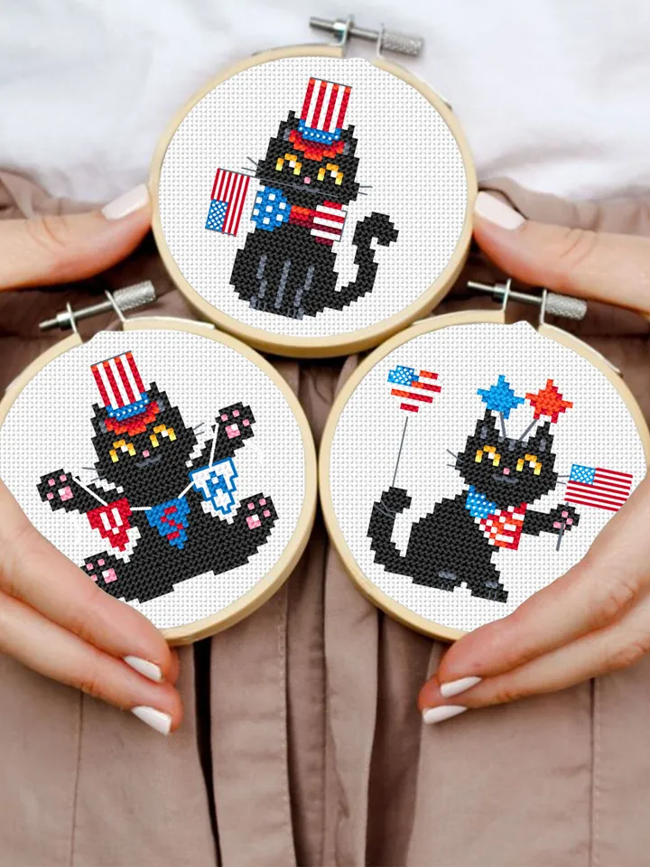 Set patriotic cats cross stitch pattern PDF download Cute black cat embroidery PDF, Independence Day, Funny 4th of july decor, USA flag #T17