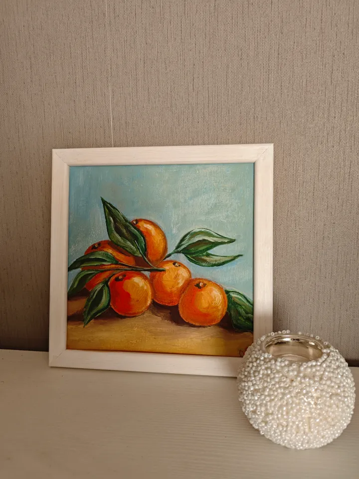 Mandarins Original Painting Fruit Original Art Mandarins Modern Artwork Bright Mandarin Oil Painting Fruit Wall Art Decor 8 x 8 inches by OlgaSokolovaArt