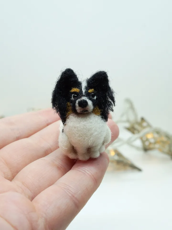 Tiny needle felted papillon , miniature felted pet, dog portrait, made to order