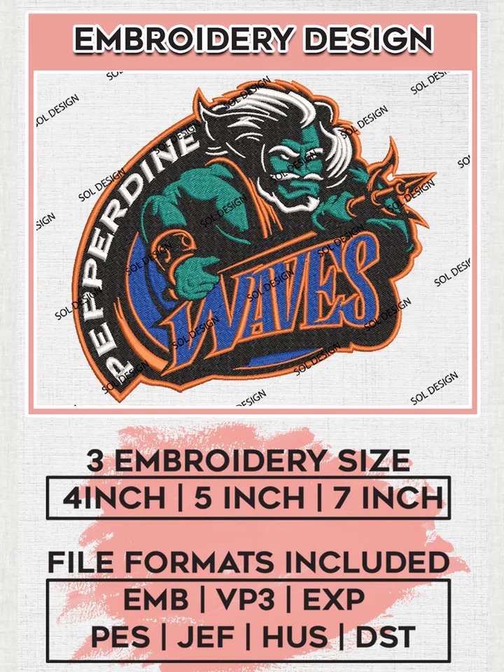 Pepperdine Waves College Football Team Logo Embroidery Design Files, NCAA Pepperdine Waves Machine Embroidery, NCAA Teams, Game Day, 3 sizes, NCAA Machine embroidery designs, Digital Download