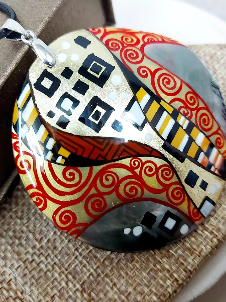 Gustav Klimt.Mother-of-pearl Russian hand-painted necklace.Hand painted miniature painting.Modern.Collectible.Artistic gift.For your beloved