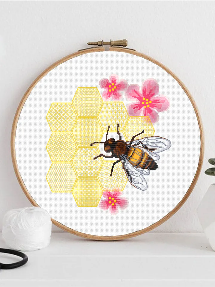 Honey bee cross stitch pattern PDF Honeycomb blackwork patterns download PDF, Honeybee floral blackwork embroidery, Bee hoop art #W14