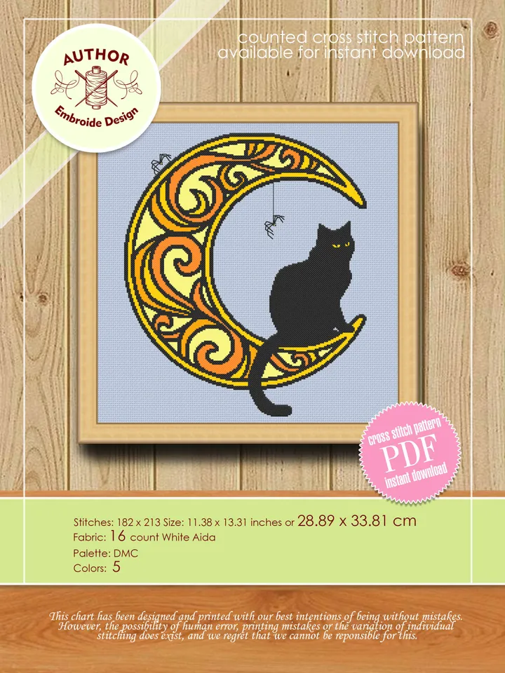 Halloween cat on crescent moon cross stitch pattern PDF download Black cat cross stitch chart, Mandala moon pattern digital PDF #M170
