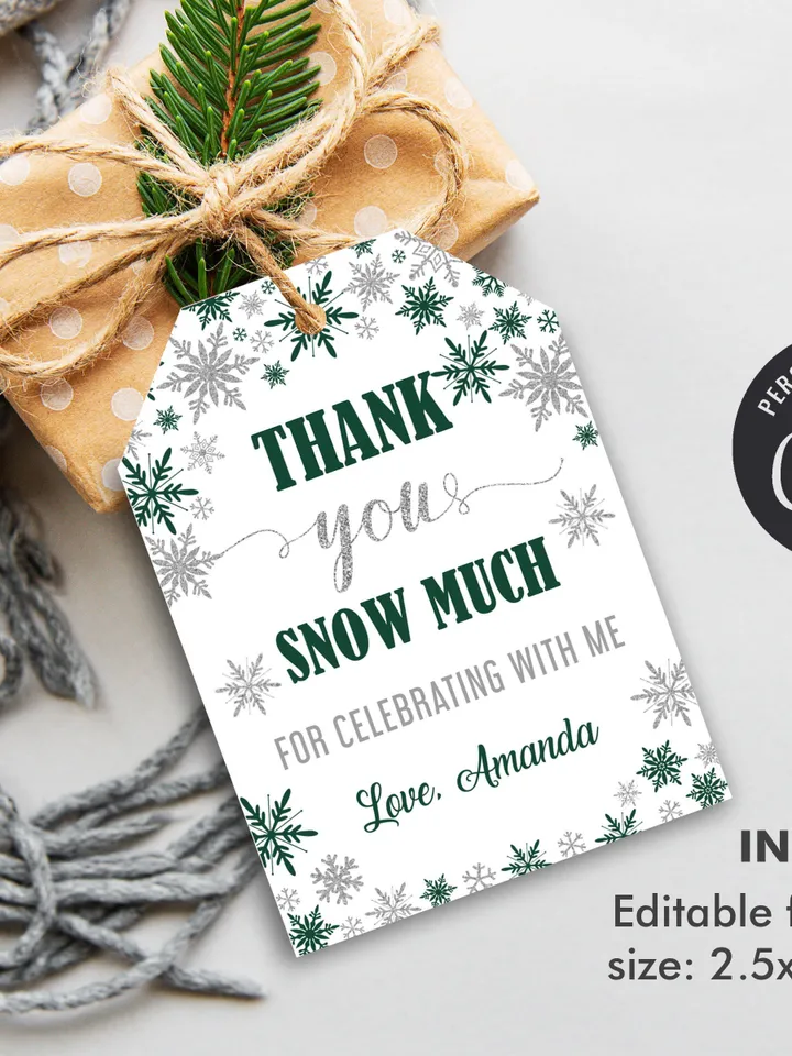 Winter Onederland Thank You Tag, Favor Tags, Snowflakes Gift Tags Winter Onederland Birthday Decorations Green Silver Editable Template