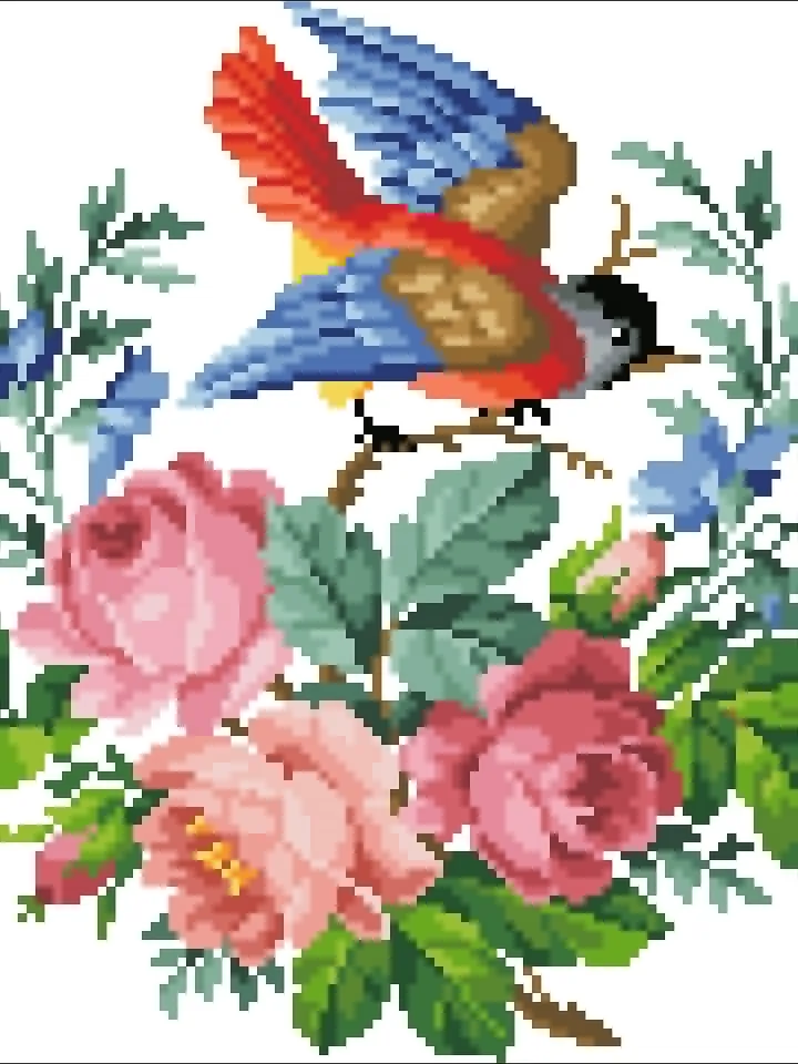 Antique Cross Stitch Pattern Little Bird with Flowers Digital Download PDF