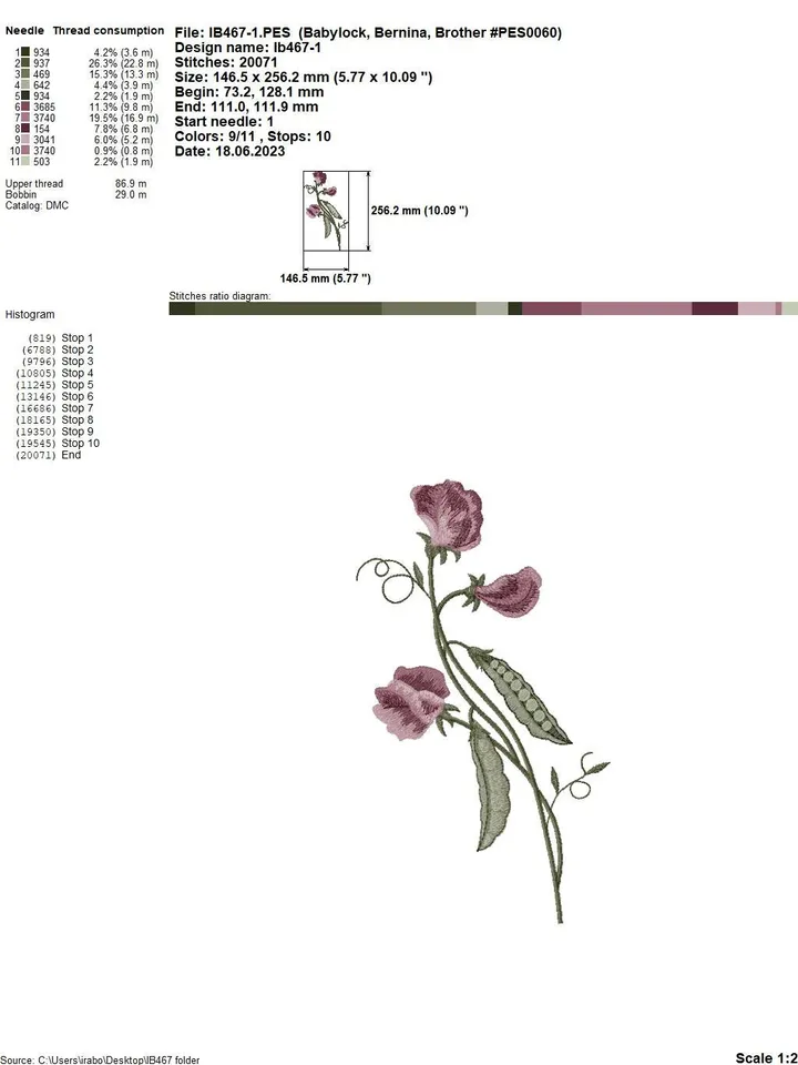 The set of designs in the technique of art embroidery "Sweet peas"