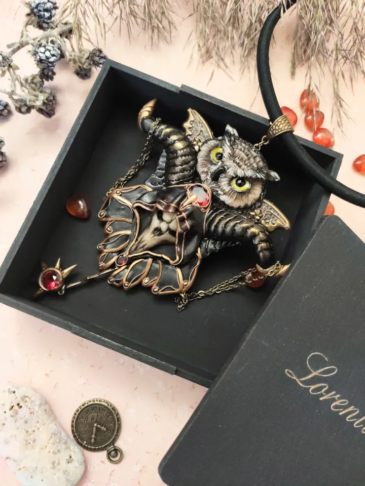 Art Necklace Wise Owl, Gothic necklace Owl,Sculptural necklace