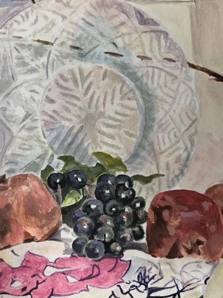 Original gouache painting still life with pomegranates and grapes wall art 11.6 x 16.4'' inches