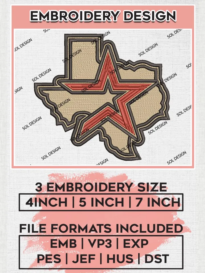 MLB Houston Astros Map Embroidery Design Files, MLB Houston Astros Team Embroidery, MLB Teams, 3 sizes, MLB Machine embroidery designs, Digital Download