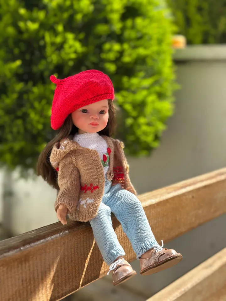 5 ITEMS Set: Cardigan, T-Shirt, Beret, Jeans, Shoes - Exclusive Handmade Outfit - Paola Reina Doll