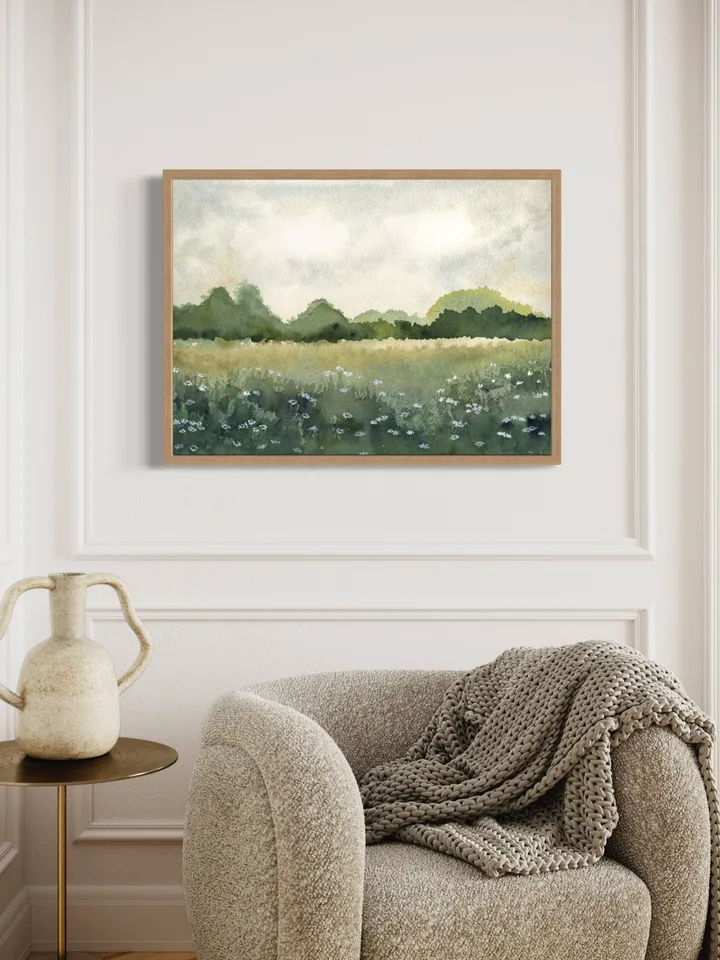 Summer Landscape Wild Flowers Print, Green Field Wall Art, Bed Room Art Print, Country Print, Sun Flower Painting, Neutral Green Print