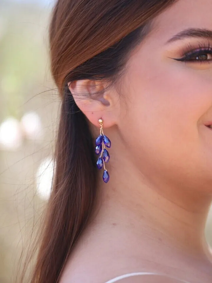 Gold Blue Drop Crystal Wedding Earring For Bride, Boho Bridal Earrings, Chandelier Statement Wedding Jewelry, Bridesmaid Gift, Jewellery