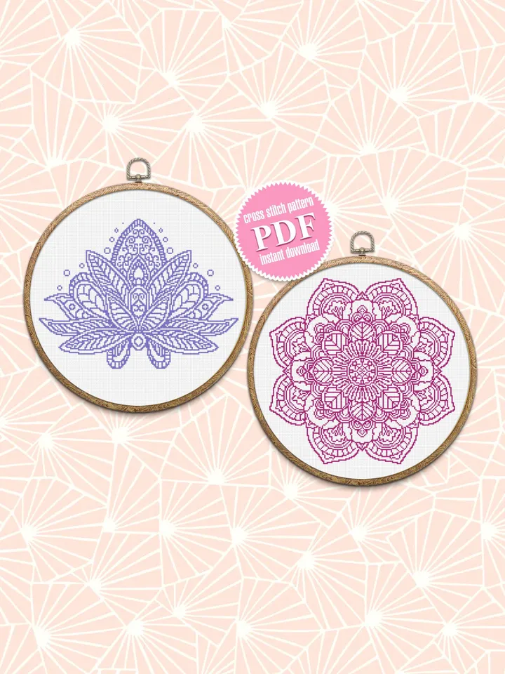 Lotus flower cross stitch pattern download PDF, Set Lotus mandala cross stitch chart, Mandala pattern PDF, Floral ornament cross stitch #S31