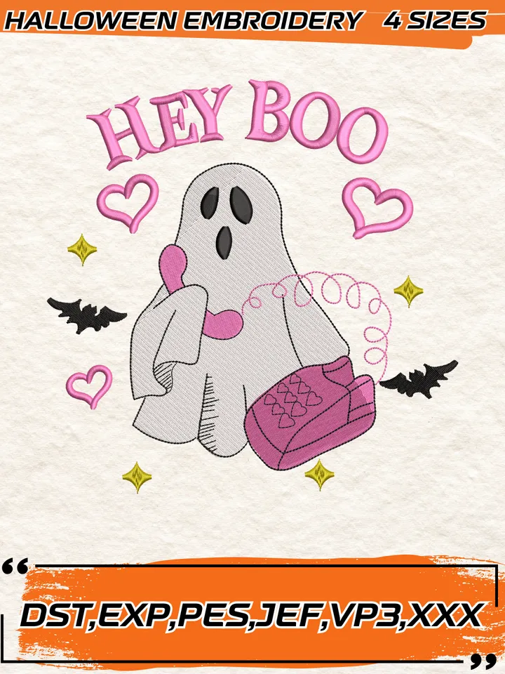 Hey Boo Funny Halloween Embroidery Design,Halloween Embroidery Design,4 Sizes, Digital Download