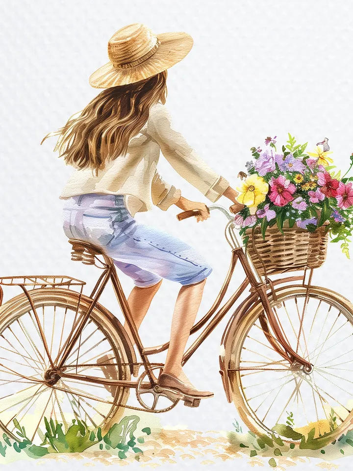 12 PNG Woman on Bicycle Clipart Bundle, Printable Watercolor Floral Bicycle images for sublimation, Digital Paper craft, junk journals