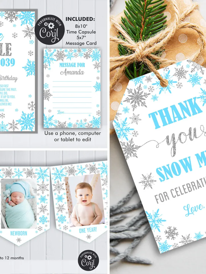 Winter Onederland Birthday Boy Decorations, Winter Onederland Birthday Party Package Bundle, Blue Silver Snowflakes  Editable Template