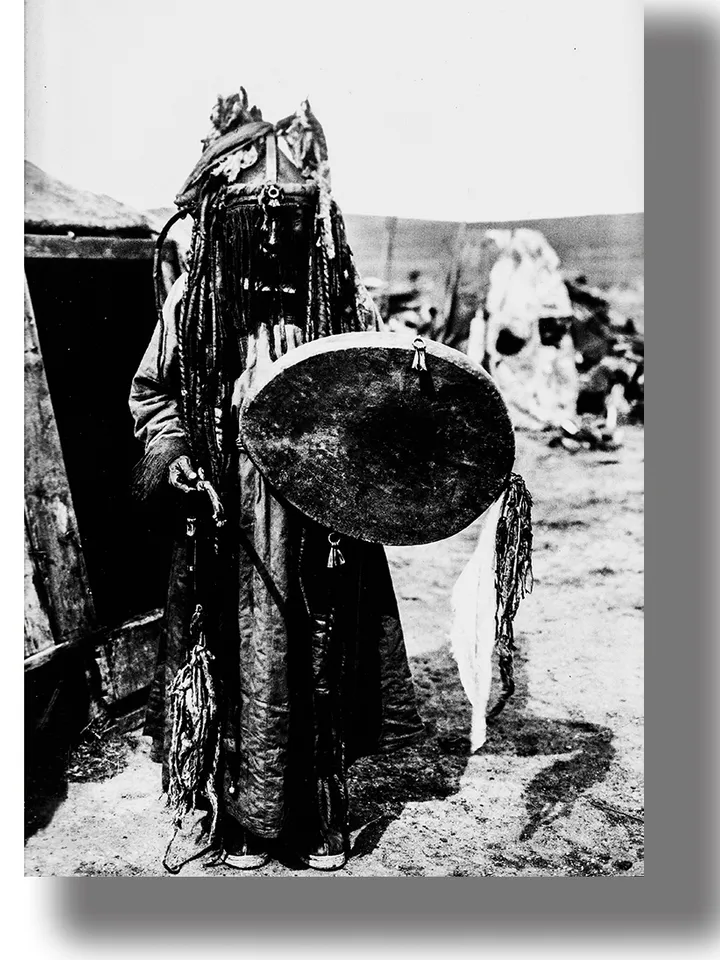 Mongolian shaman with a tambourine.