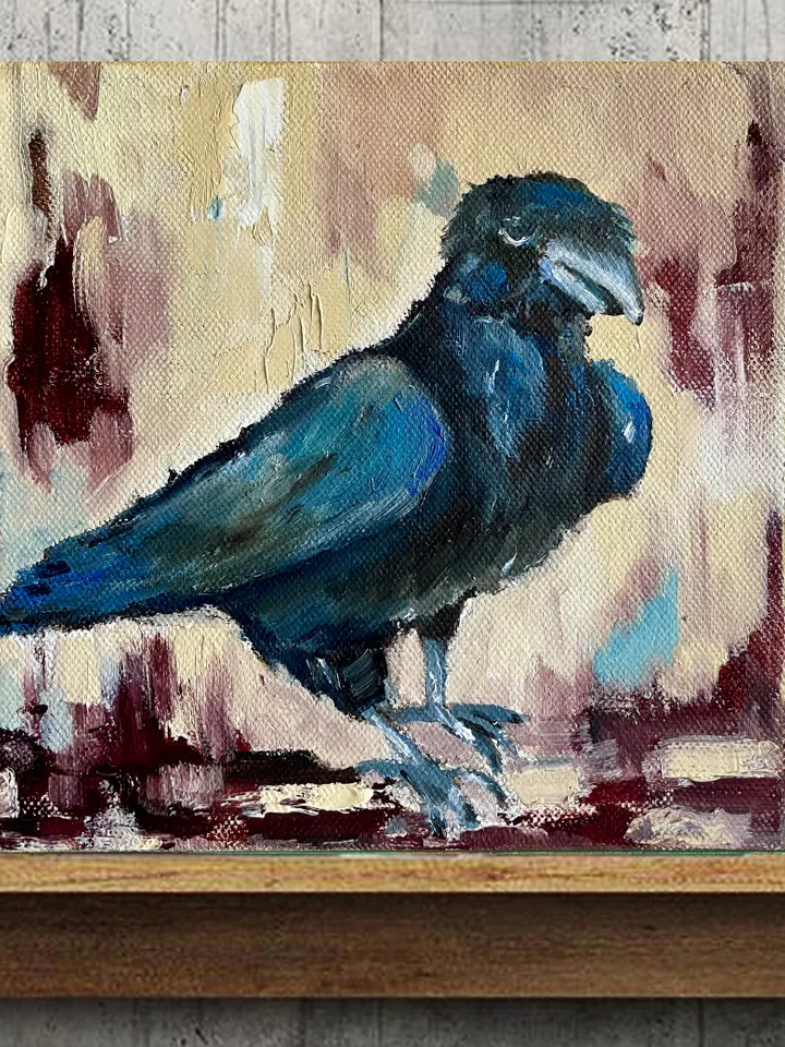 Crow painting, Original bird oil painting on canvas,  Raven wall art, Small animal artwork