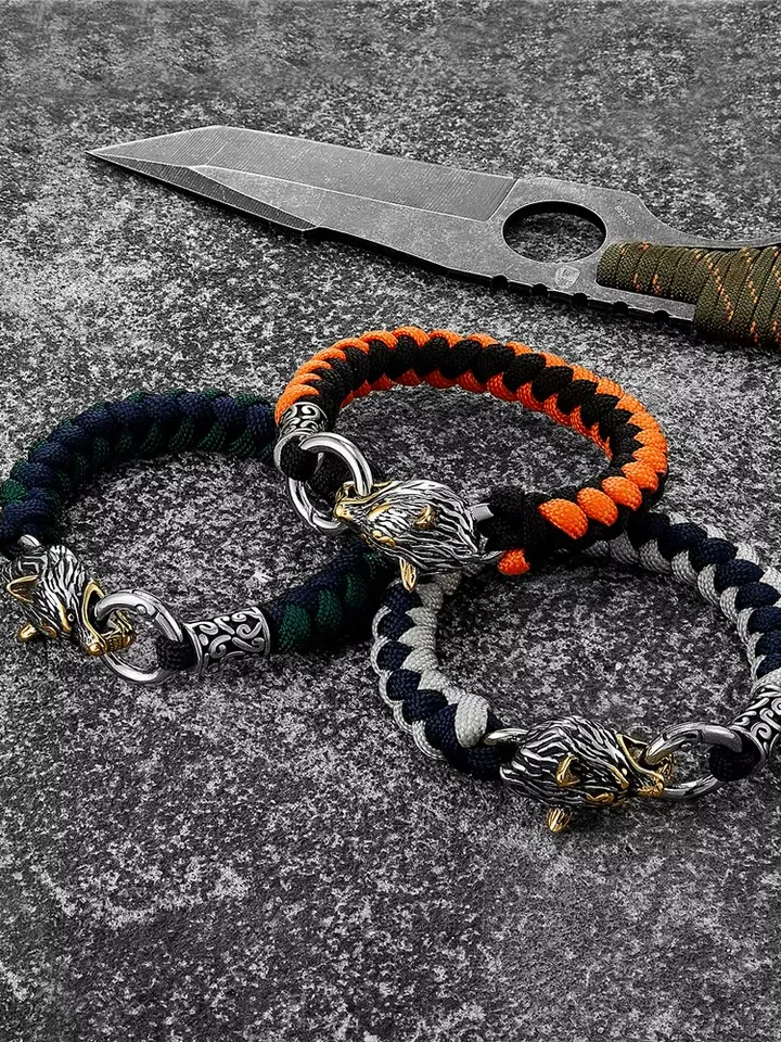 Stainless Steel Wolf Head Nordic Handmade Paracord Bracelet