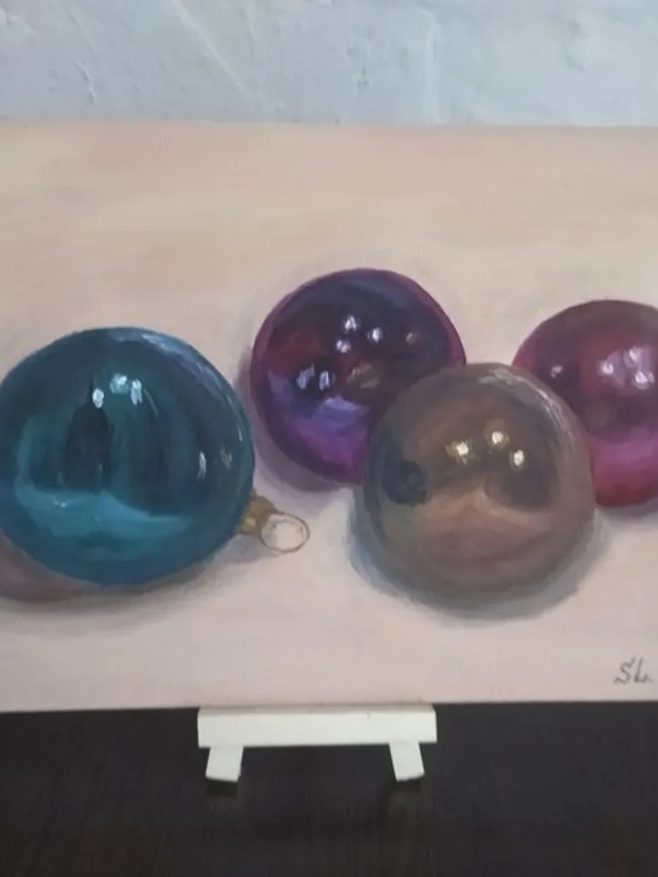 Glass Balls Oil Painting Original Art Winter Holiday Christmas Tree Toys Handmad
