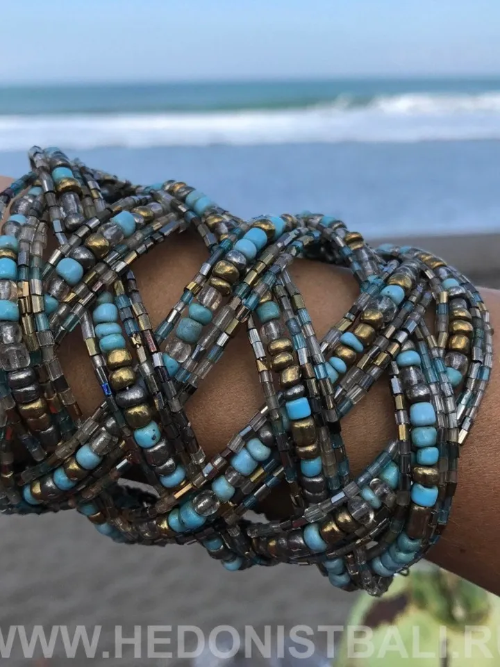 Wide Bead Handmade Bracelet Blue Silver | Boho summer wide bracelet | Summer Handmade Elegant Bracelet | Bead Handmade Hippie Bracelet Wide