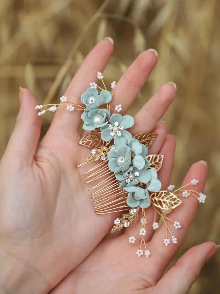 Light Blue Flowers Wedding Hair Comb, Floral Bridal Headband, Leaf Hair Comb, Hair Pins, Headpiece, Wedding Hair Accessories, Jewelry set