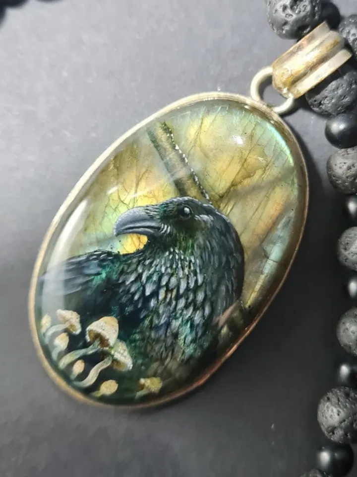 Raven necklace with toadstools Crow Viking Labradorite Shungite Lavastone