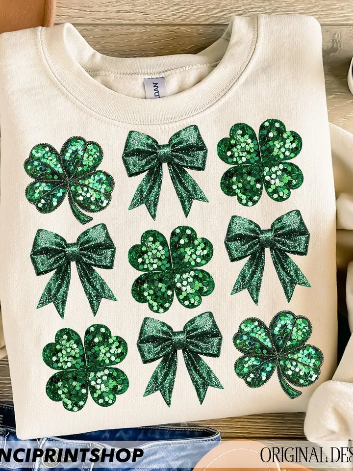Faux Sequins St. Patrick's Day png, Green St.Patrick’s Day PNG, Sparkly Clover PNG 4 Leaf Clover, St.Patrick’s Bow, Shamrock shirt design