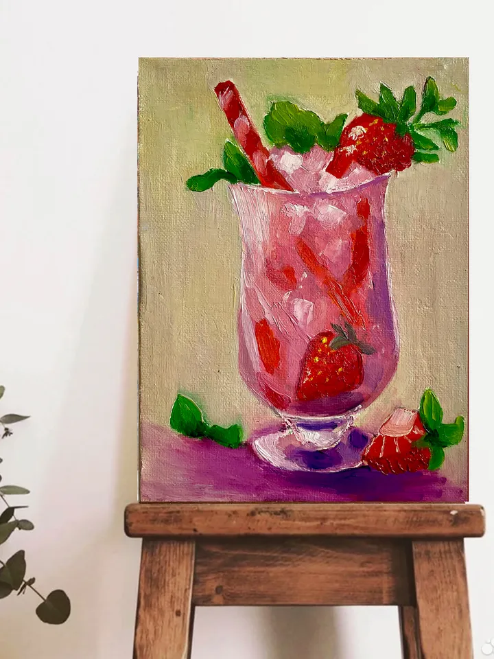 Strawberry Cocktail Oil Painting on Canvas Hand Painted Small Original Artwork, Drink art Still Life painting Perfect Bar and Kitchen Decor 8"x6"