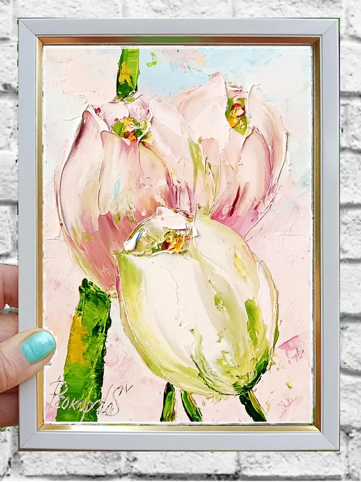 Pink Tulips Art Blossom Original Oil Painting Floral wall decor Mini art 7x5 in by ArtProkopaloSv