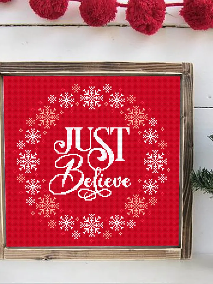 Christmas cross stitch pattern download PDF, Snowflake wreath cross stitch Christmas quotes Just believe, Christmas pattern digital PDF #N43