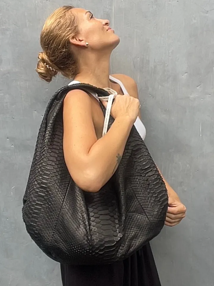 Big Soft Hobo Classy Sport Woman Bag | Purse Genuine Python Skin | Reptile Skin Products | Black Big Elegant Leather Designer Soft Bag Snake