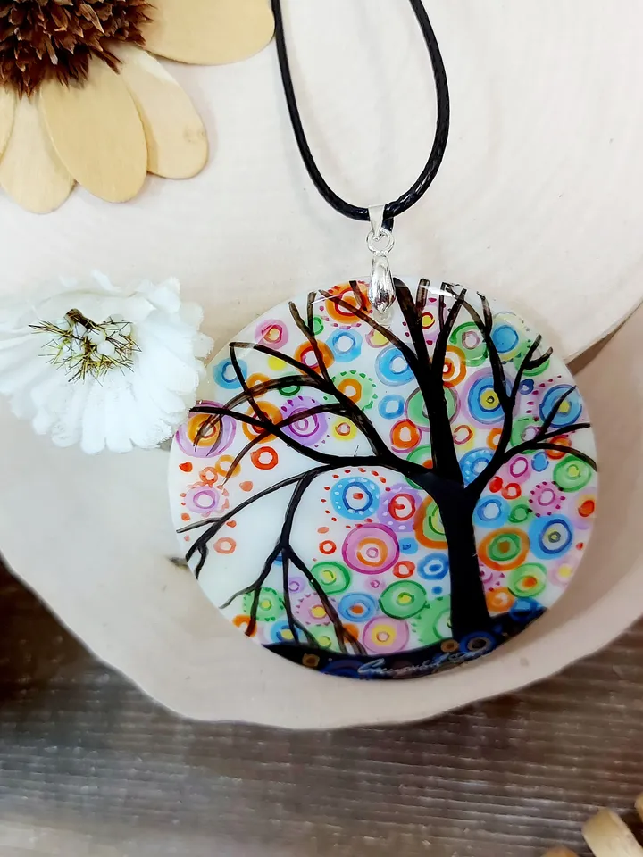 Mother-of-pearl Russian hand-painted necklace The Tree of Happiness Hand paint necklace pendant MOP pendant Hand painted miniature painting