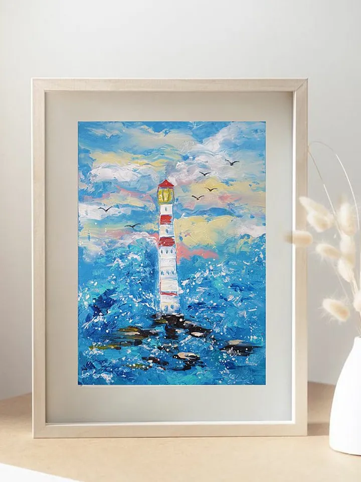 Lighthouse Painting Seascape Original Art Beach Wall Art Small Oil Painting