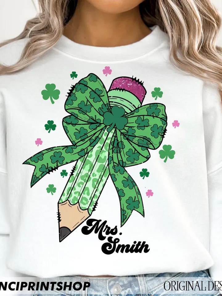 Teacher St Patrick's Coquette Bow Pencil Png, St. Patrick's Day png, Teacher Gift Png, St. Patrick's Teacher png, Teacher png, Leopard print