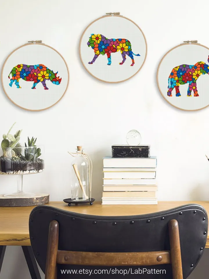 Bundle of 3 Elephant, Lion, Rhino Cross stitch pattern | Embroidery Pattern | Instant Download | Embroidery Designs