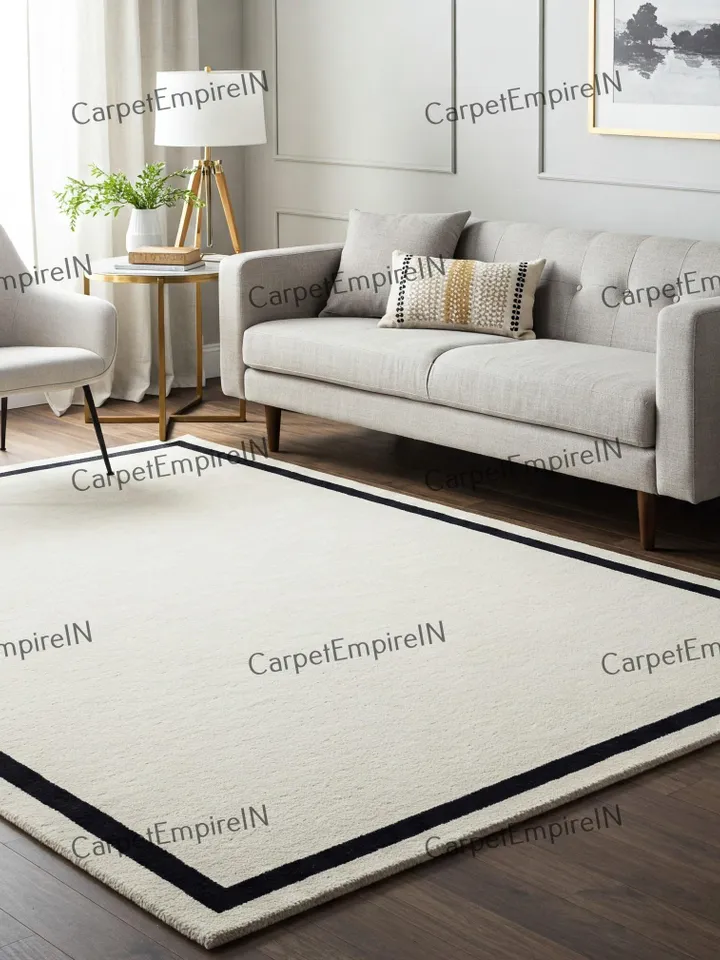 Hand-Woven Wool Border Rug, White & Black,Hand-Woven Wool | Multiple Sizes | Contemporary Living Room Rug, Chic Accent Rug 5x7,6x9,8x10,9x12
