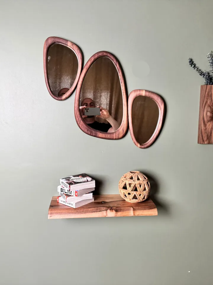 Walnut Framed Mirror,Mid Century Mirror,Organic Mirror,Wood Framed Mirror,İrregular Mirror,Asymmetrical Mirror,Mirror Wall Decor,Curved